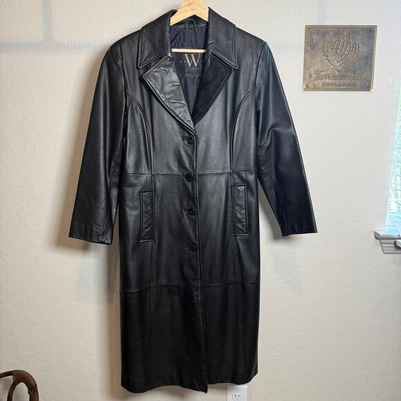 Women's Winlit Long Black 100% Leather Button Front Coat Size Medium - Picture 1 of 9